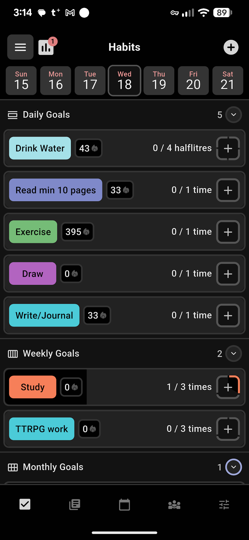 Here you can see a screenshot from HelloHabit, which depicts a few of my weekly and daily goals, the streaks I've had completing those, and how many times I aim to do each on a daily or weekly basis.